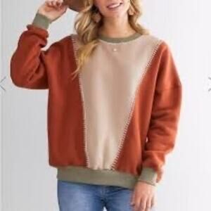 BKE Color Block Boho Western Oversize Pullover Rust Olive Green Neutral Women XL
